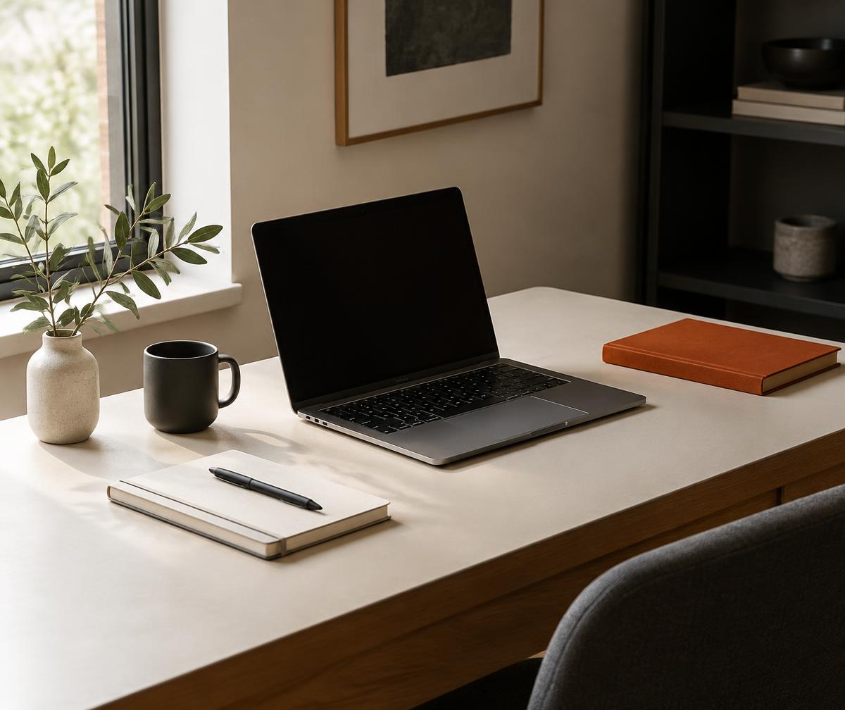 Mesa de trabalho com notebook e caderno de estratégia